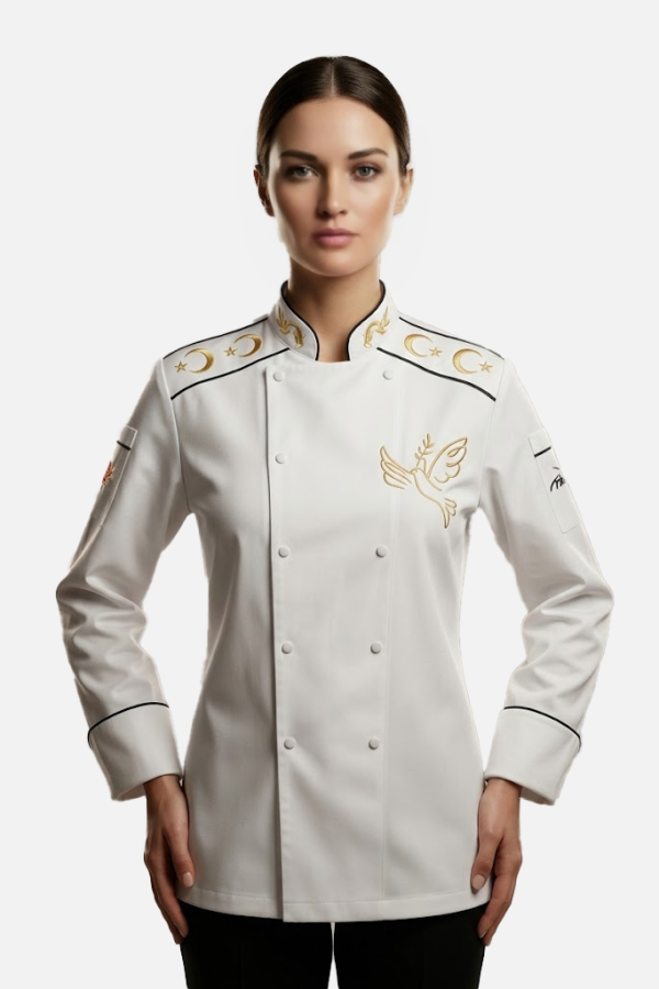 Aşçı Ceketi Kadın Beyaz Gold Nakış Detay - prs5664