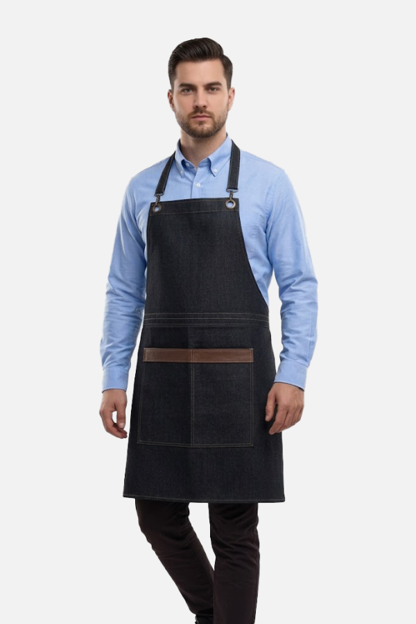 Denim Barista Önlüğü Taba Deri Cep