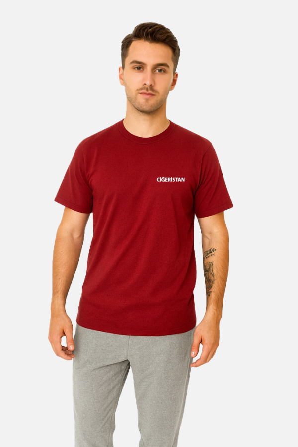 Sıfır Yaka Penye Tişört Bordo Minimal